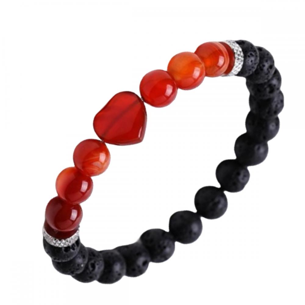 Natural Black Lava Stone Heart with 8MM Round Gemstone Stretch Elastic Bracelet for Men Women Crystal Round Beads Bracelet