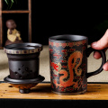 Retro Traditional Chinese Dragon Phenix Purple Clay Tea Mug with Lid Infuser Handmade Yixing Zisha Tea Cup 300ml Teacup Gift Mug
