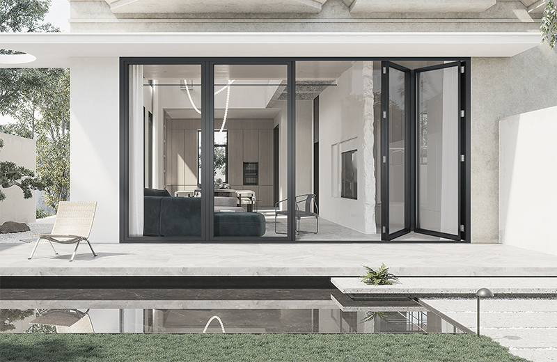 XLB-80 series aluminum folding door with large opening and modern grey finish