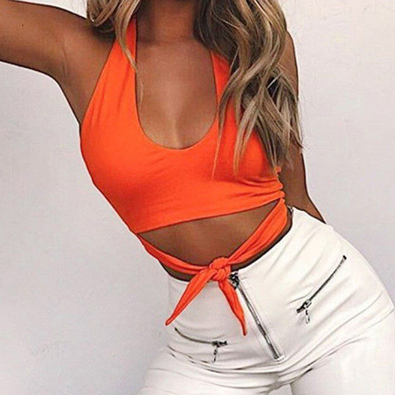 Orange Tank Top Women Sleeveless Hanging Neck Off Shoulder White Front Lace Up Knot Yellow Tops Sexy Summer White Tank Tops
