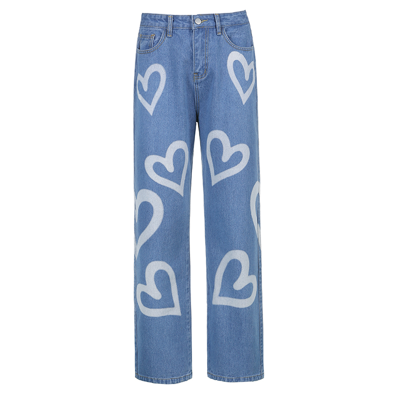 Vintage Heart Printed Y2K Baggy Jeans Women High Waist Harajuku Aesthetic Mom Jeans Denim Streetwear 90s Trousers Cuteandpsycho