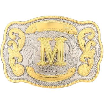 Rectangle gold Western Belt Buckle Initial Letters ABCDMRJ to Z Cowboy Rodeo Small Gold Belt Buckles for Men Women