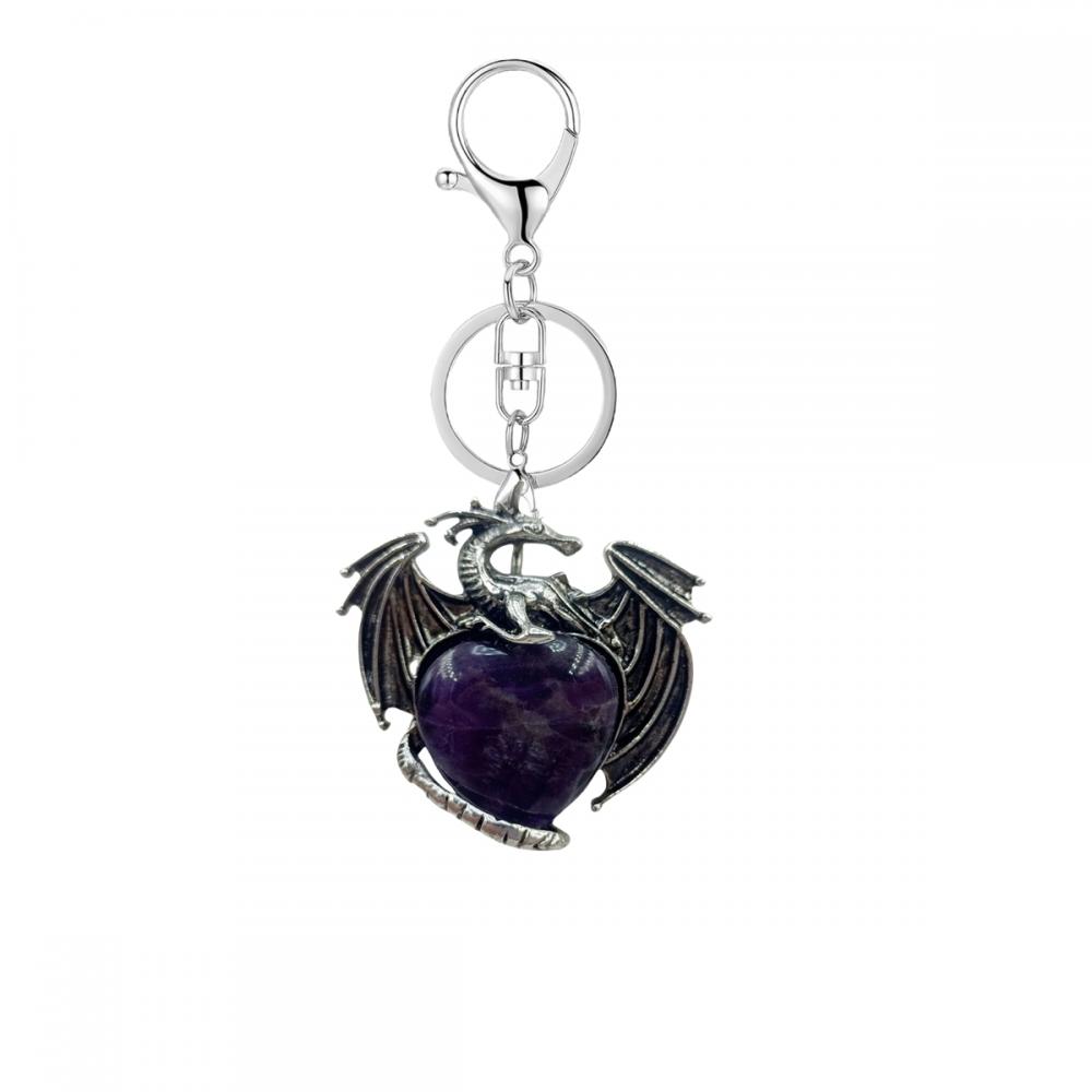 Gemstone Crystal Heart Alloy Wings Dragon & Pterosaur Stone Key Chains Natural Quartz Dragon Charm Key Ring Anniversary Gift