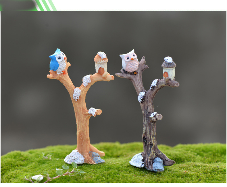 2PCS Decorative Figurine Mini Fairy Garden Owl Tree Branches Ornament DIY Micro Landscape Accessories Exquisite Ornament Figures