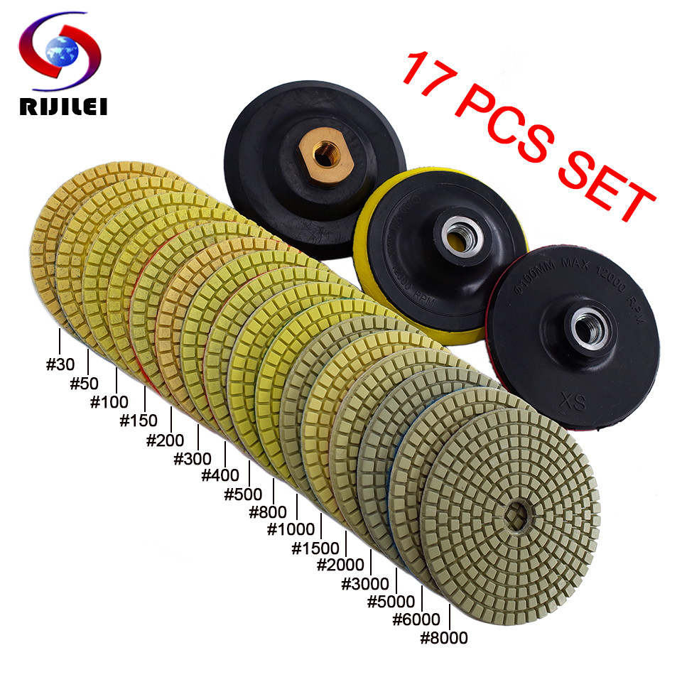 RIJILEI 17PCS 4 Inch Diamond Polishing Pad Kit 100mm Dry/Wet Polishing Pads For Granite Marble Concrete Floor Grinding Discs