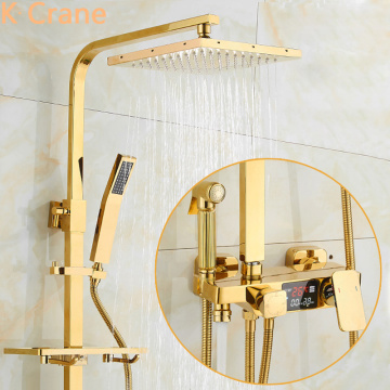 Digital Shower Set Bathroom Thermostatic Shower System Hot Cold Mixer Smart Faucet Square Head SPA Rainfall Copper Bath Torneira