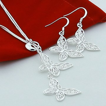 Jewelry Sets Silver Color Two Butterfly Animal Necklace Earrings Sets High Quality Trendy Jewelry Wholesale E328
