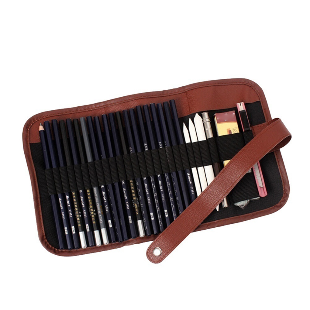 ZHUTING 24 Slots Pencil Bag Wrap Roll Up Students Canvas Sketching Pen Case Brushes Makeup Pouch