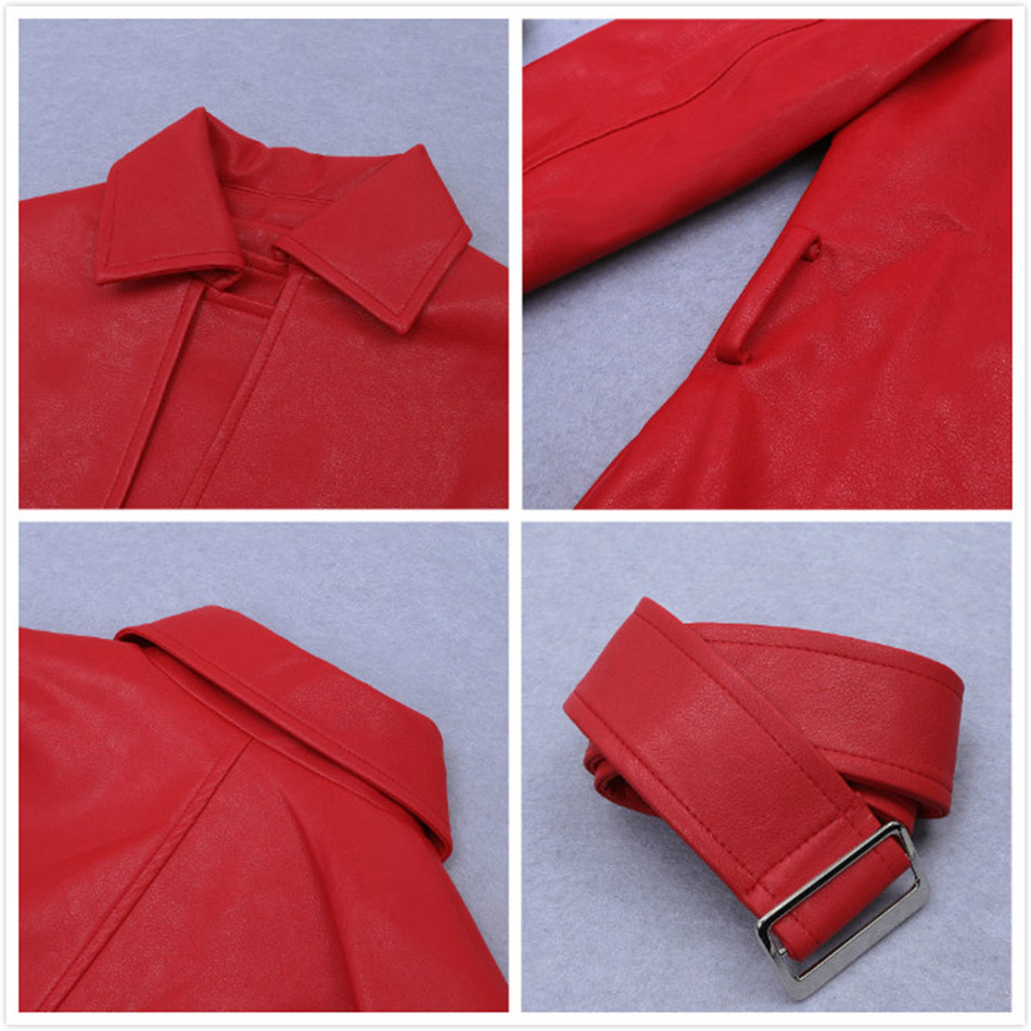 Free Shipping High Quality Long Leather Trench Coat Women Belt Lapel Long Sleeve Loose Red Faux Leather Jacket Elegant PU Coat