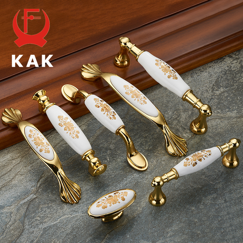 KAK Gold Flower Ceramic Cabinet Handles Zinc Alloy Drawer knobs Wardrobe Door Handles Fashion European Furniture Handle Hardware