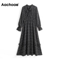 Aachoae Women Geometric Print Vintage Long Dresses 2020 Bow Tie Collar Casual Midi Dress Female Ruffle Long Sleeve Elegant Dress