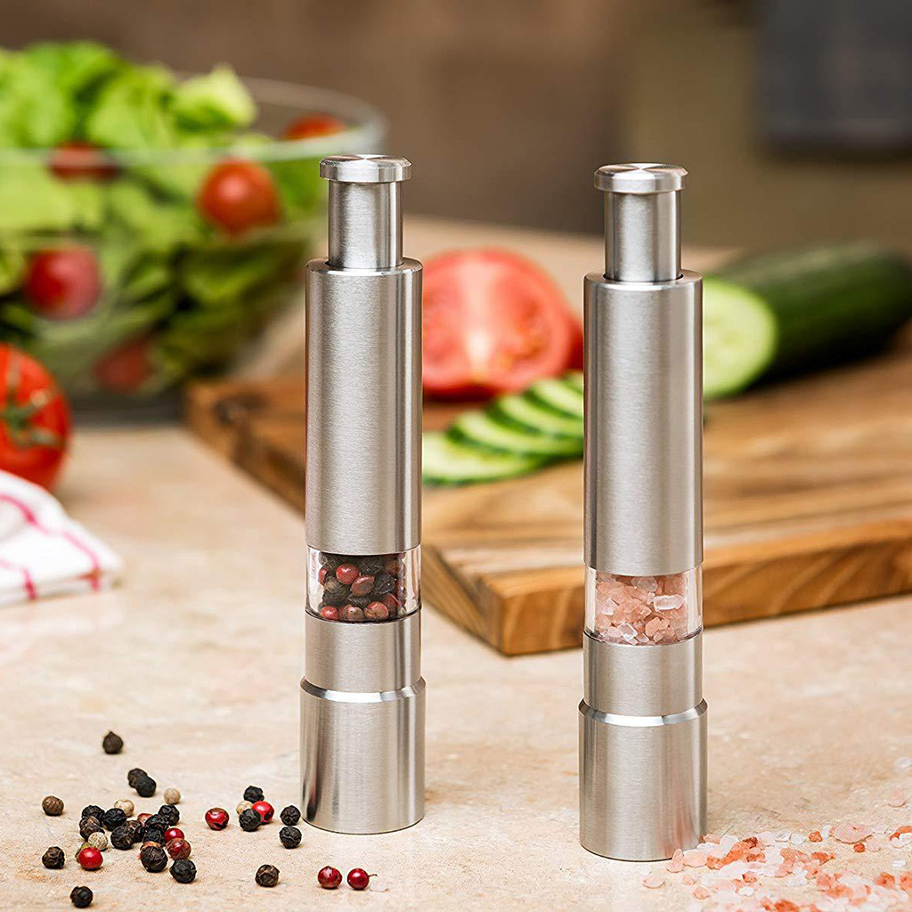 Manual Pepper Mill Salt Shakers Thumb Push One-handed Pepper Grinder Stainless Steel Spice Sauce Grinders Stick Kitchen Tools