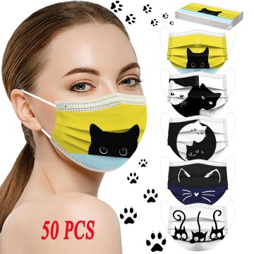 10/50PCS Masque jetable Fast delivery Máscara Headband Adults Multi-Cat Prints Breathable 3 -Layer Disposable Masks маски
