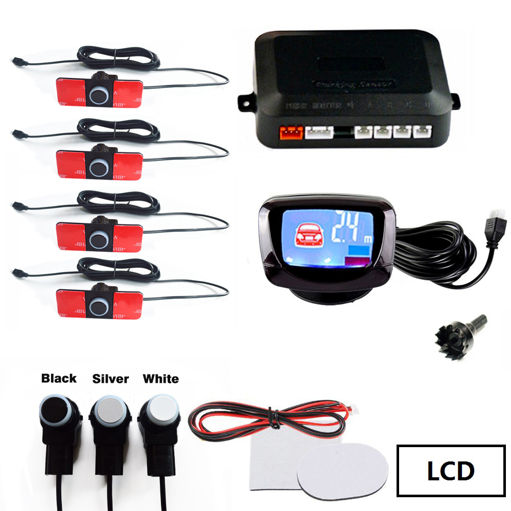 SINOVCLE Car Parking Sensor Set LED/LCD/Buzzer 4 Flat Reverse Display Parking Sensor Kit 16mm 12V Backup Radar Monitor System