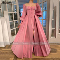 Booma Elegant Pink Prom Dresses Bishop Sleeves High Slit Taffeta Evening Dresses Sweetheart A-line Long Party Gowns with Buttons