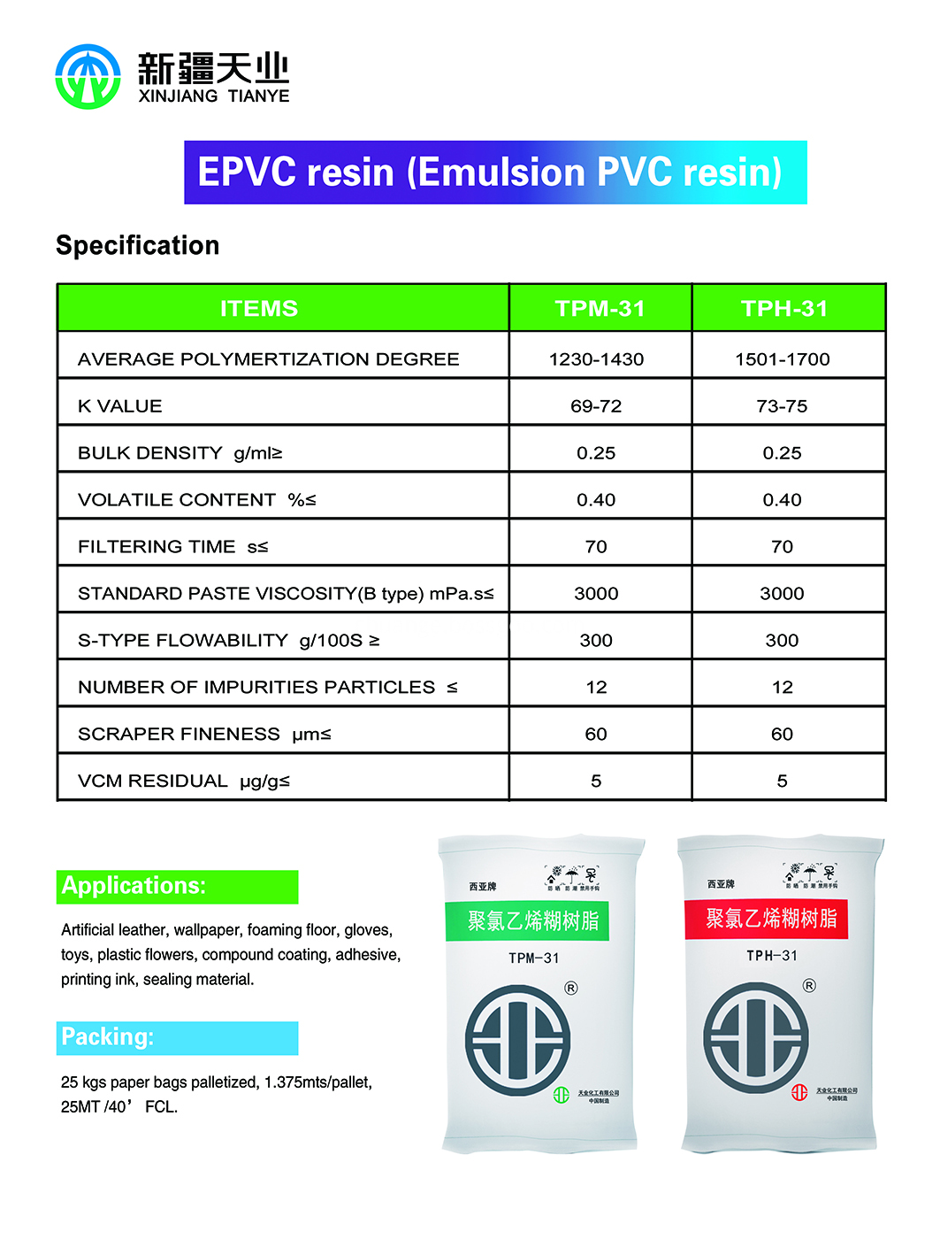 Xinjiang Tianye PVC Paste TPM31 SG5 Export Uzbiekstan