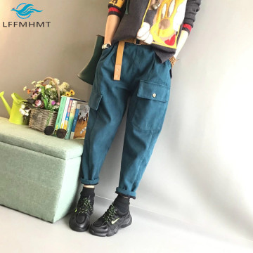 Women Winter Fashion Thicken Fleece Elastic Waist Solid Color Cargo Pants Female Denim Harem Pant Office Lady Streetwear Trouser