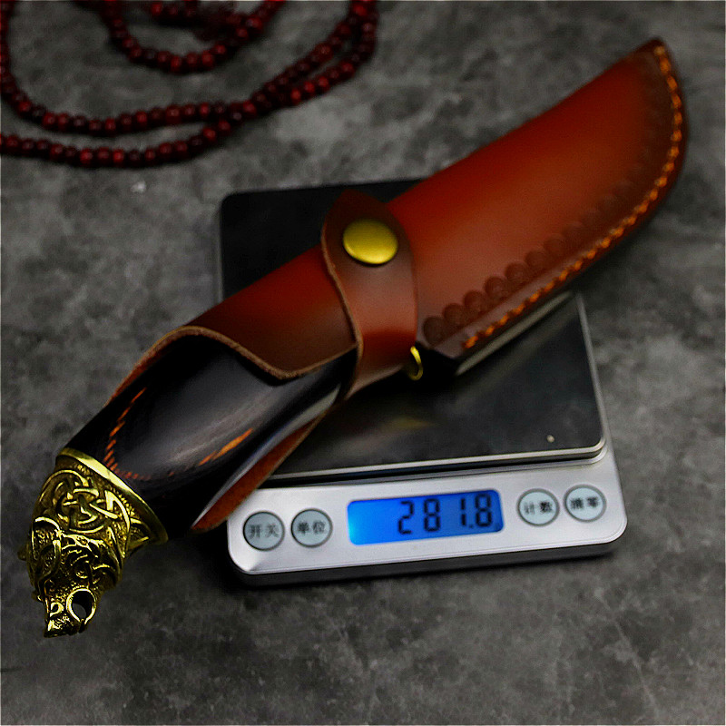 Tiger head forging brass sandalwood handle high carbon steel straight knife outdoor tactical knife hunting knife + Leather Case