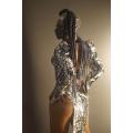 Nightclub Bar Reflective Costume Women Silver Laser Sequins Backless Slit Dress DJ Singer Dancer Performance Stage Wear
