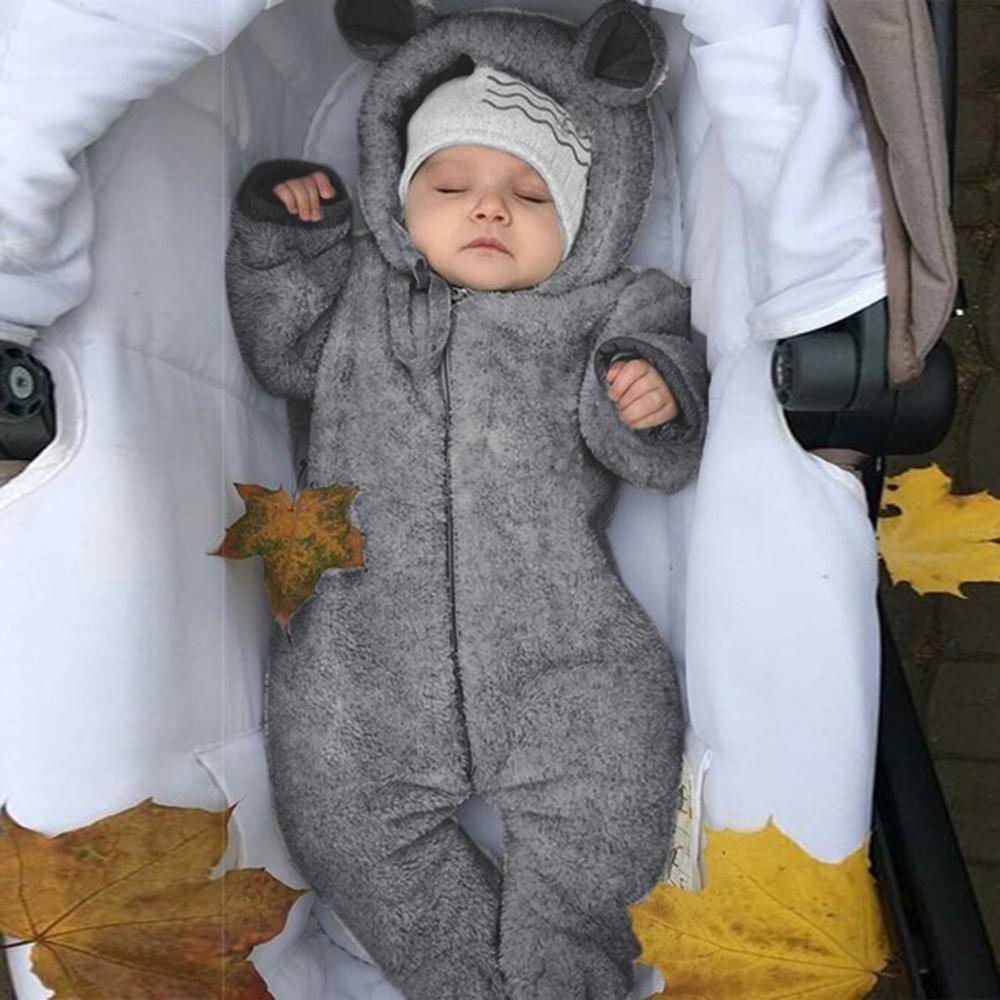 Newborn Baby Boy Winter Fleece Jumpsuit Infant Solid Hooded Baby Romper Warm Coat Outwear Winter Baby Clothes