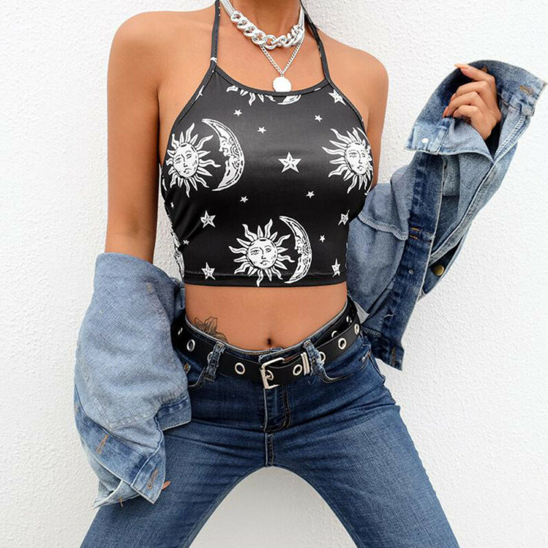 Sexy Halter Neck Crop Top Women Camis Backless Bandage Sun Moon Star Cartoon Print Tank Camis 2019 Party Club Black Streetwear