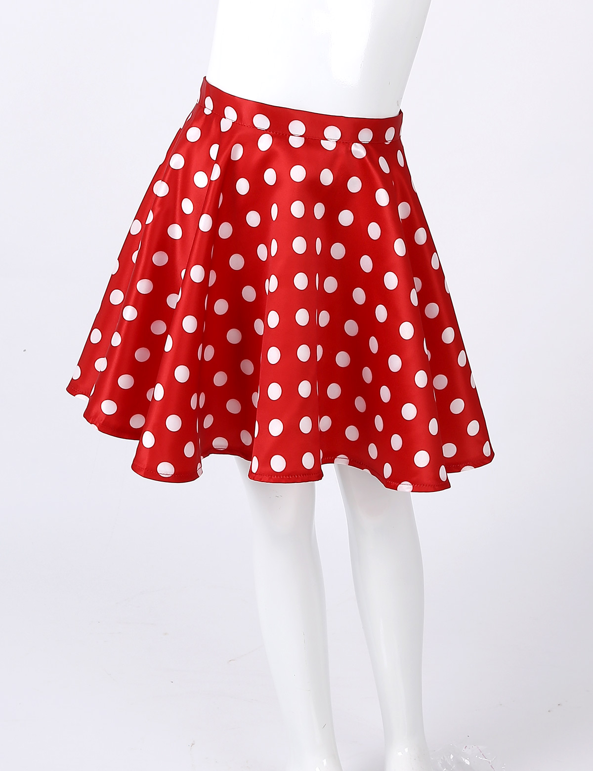 Big Girls Vintage 1950s Smooth Satin Polka Dots Back Zipper Closure Full Circle Flared Swing Skirt Casual Above Knee Mini Skirts