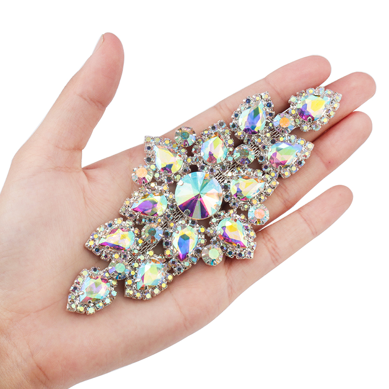 QIAO 6.3x13.5cm Sewing On Rhinestone Applique 1 pcs Silver Base Clear Crystal Rhinestones DIY Wedding Evening Dress