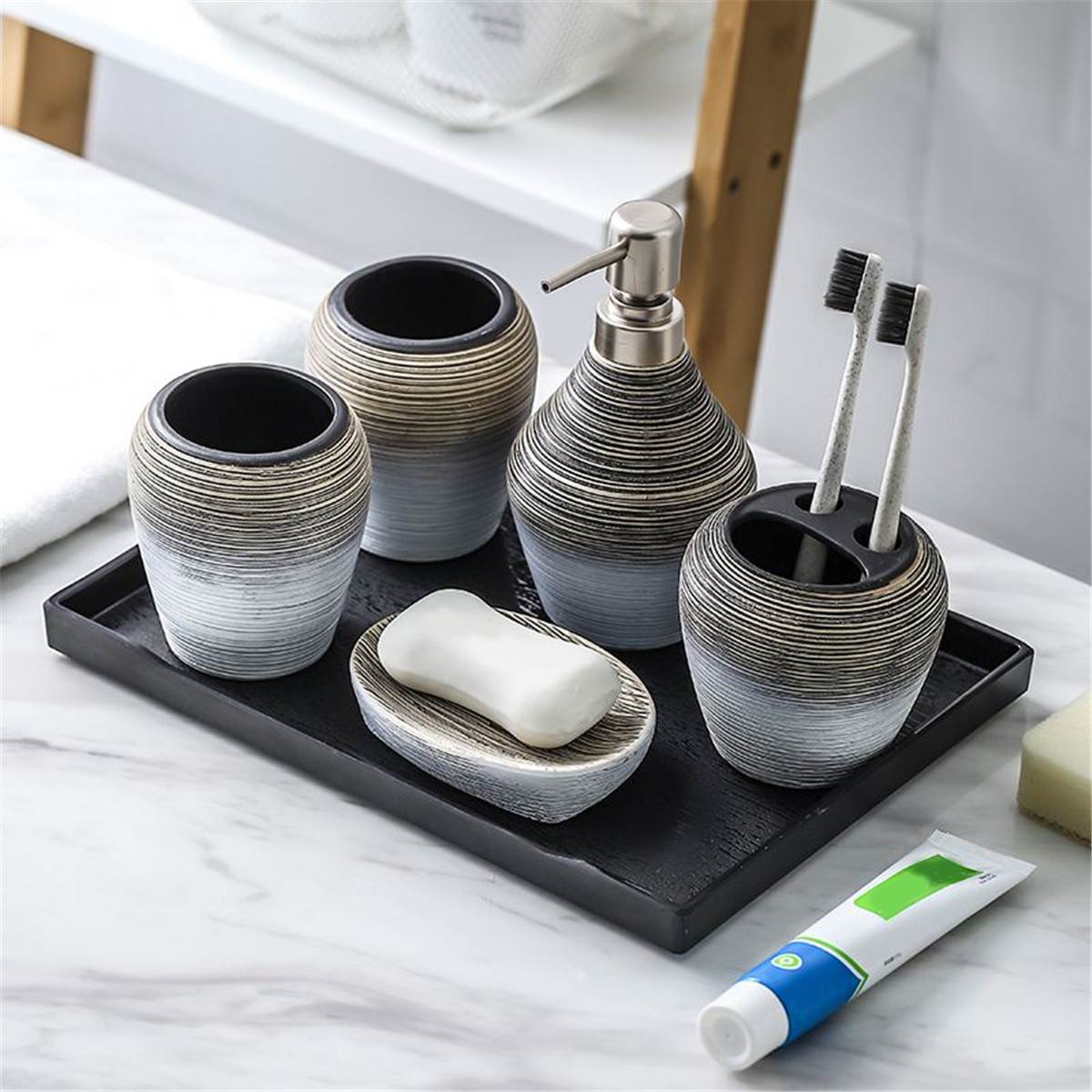 5PCS Ceramic Bathroom Accessories Set Tray Lotion Dispenser Soap Dish Toothbrush Holder Gargle Cup Set Shampoo Pump Bottle