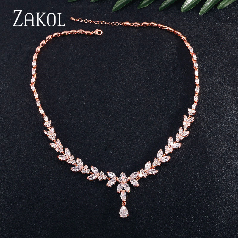 ZAKOL Luxury Exquisite Marquise Cut Cubic Zircon Leaf Adjustable Chain Necklaces For Women Fashion Bridal Wedding Party Jewelry