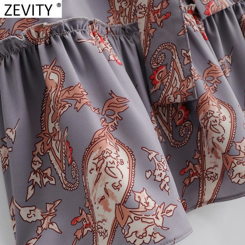 Zevity New Women Vintage Cashew Nuts Print Hem Pleat Ruffles Mini Dress Ladies Long Sleeve Casual Sashes Straight Vestido DS4647