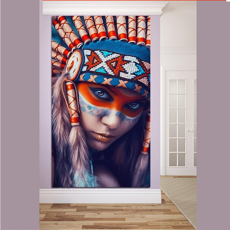 Modern Oil Painting Indian Girl with Feathered Portrait Pop Art Canvas Painting Poster Wall Picture for Living Room Home Decor