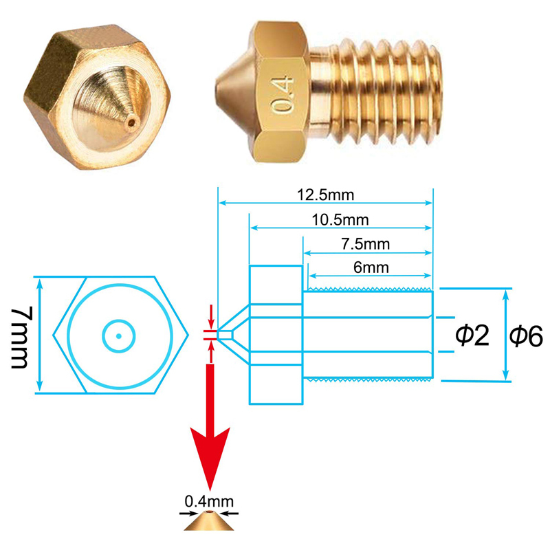 100 Pcs V5 V6 Nozzle 0,4mm 0,3mm 0,2mm 0,5mm Copper 3d Printer Parts Extruder Threads 1,75mm 3,0mm Filament Head Brass Nozzles