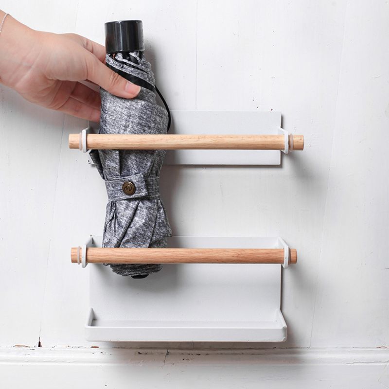 2pcs/set Nordic Style Iron Wood Magnet Storage Rack Wall Mounted Folding Umbrella Stand Home Bathroom Organizer Shelf