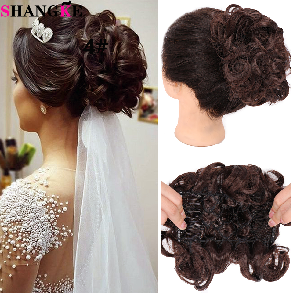 SHANGKE Synthetic Comb Clip In Curly Hairpiece Hair Extensions Chignon Hair Bun Ombre Blonde Elastic Hair Bands For Women