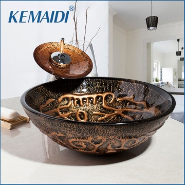 KEMAIDI Wash Basin Sink Tap Bathroom Sink Glass Hand-Paint Lavatory Sink Combine Set Polished Chrome Waterfall Mixer Tap Faucet