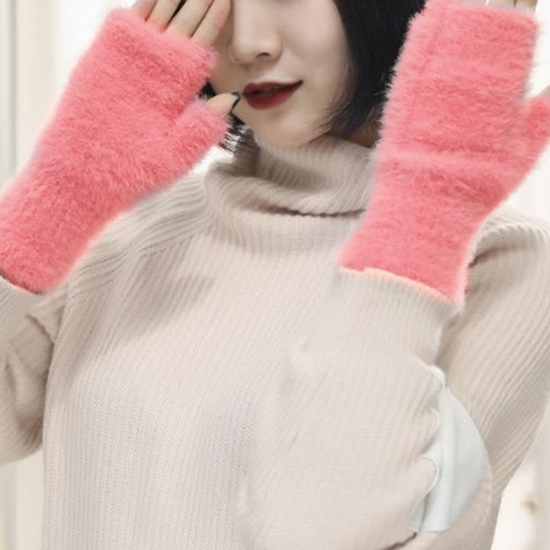 Autumn Winter Mink Cashmere Gloves Women Warm Soft Half-Finger Mittens Short Knitted Fingerless Gloves