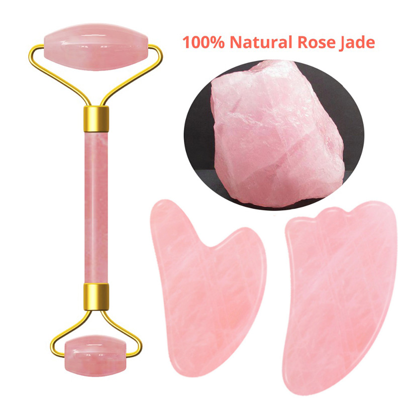 Pink Crystal Stone Jade Roller Set Face Lift Massage Roller Facial Scraper Jade Natural Rose Quartz Stone Facial Roller Crafts