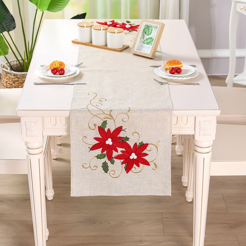 Double Thickness Rustic Embroidered Floral Table Runners Christmas Decorations H58C