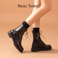 BeauToday Ankle Boots Women Genuine Cow Leather Waxing Round Toe Platform Shoes Autumn Winter Lady Footwear Handmade 03509