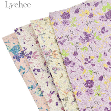 Lychee Life 29x21cm A4 Flower Printed Glitter PU Fabric High Quality Sewing Synthetic Leather DIY Material For Handbag Garments