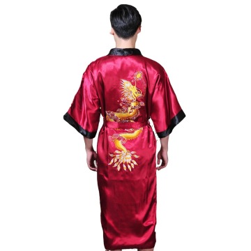 Black/BurgudyReversible Two-Face New Chinese Men's Silk Satin Robe Embroider Dragon Kimono Bathrobe Gown Sleepwear One Size 1307