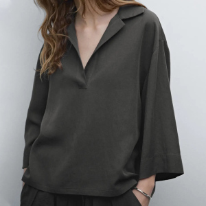 Women's casual commuting-style loose long-sleeved flowing polo-collared shirt