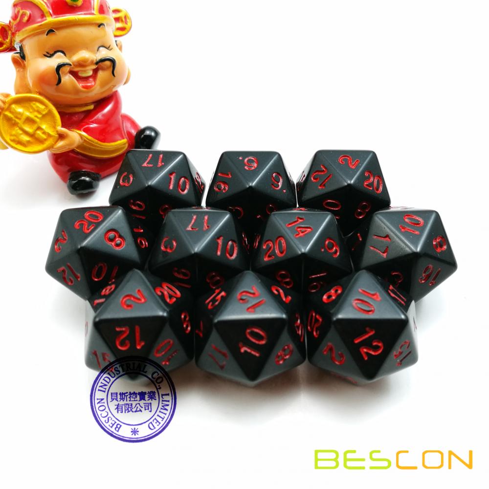 Set of 10pcs Black 20 Sides Dice Black Opaque D20 with Red Numbers 10pcs Set