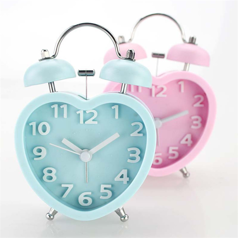 Cute Small Double-Bell Night Light Children Mini Quartz Alarm Clock Modern Heart-shaped Silent Student Stereo Table Clock