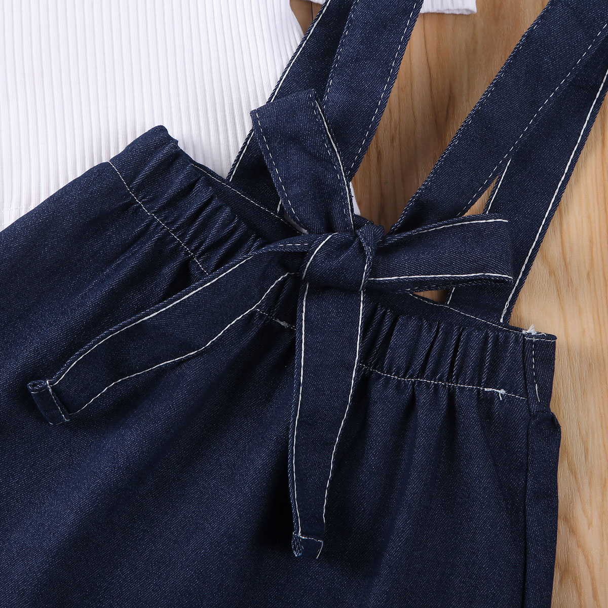 2PCS Toddler Kids Baby Girls Clothes Sets Bowknot Puff Sleeve T-Shirts Tops Denim Strap Dress Clothes