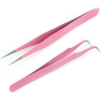 2PCS Pink Straight & Curved Nail Art Nippers Tweezer For Eyelash Extensions