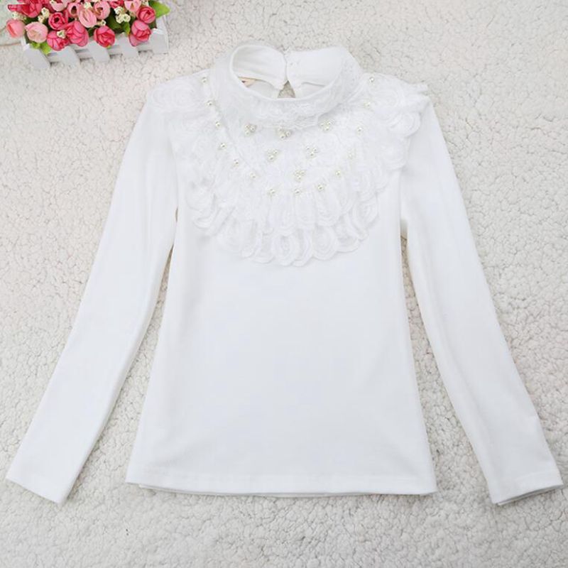2017 Spring Fall Winter Pearls Lace Bow Long Sleeve School Girl Blouse Shirt For Kids Baby Shirts Girls Tops And Blouses JW3118A