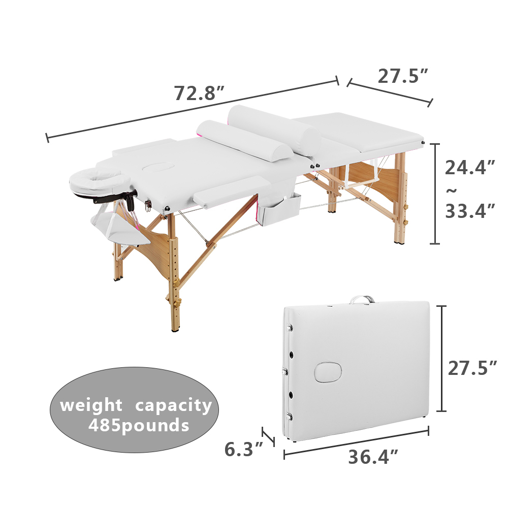 3 Sections 212 x 70 x 85cm Foldable Beauty Bed Folding Portable SPA Bodybuilding Massage Table Set White Spa Bed