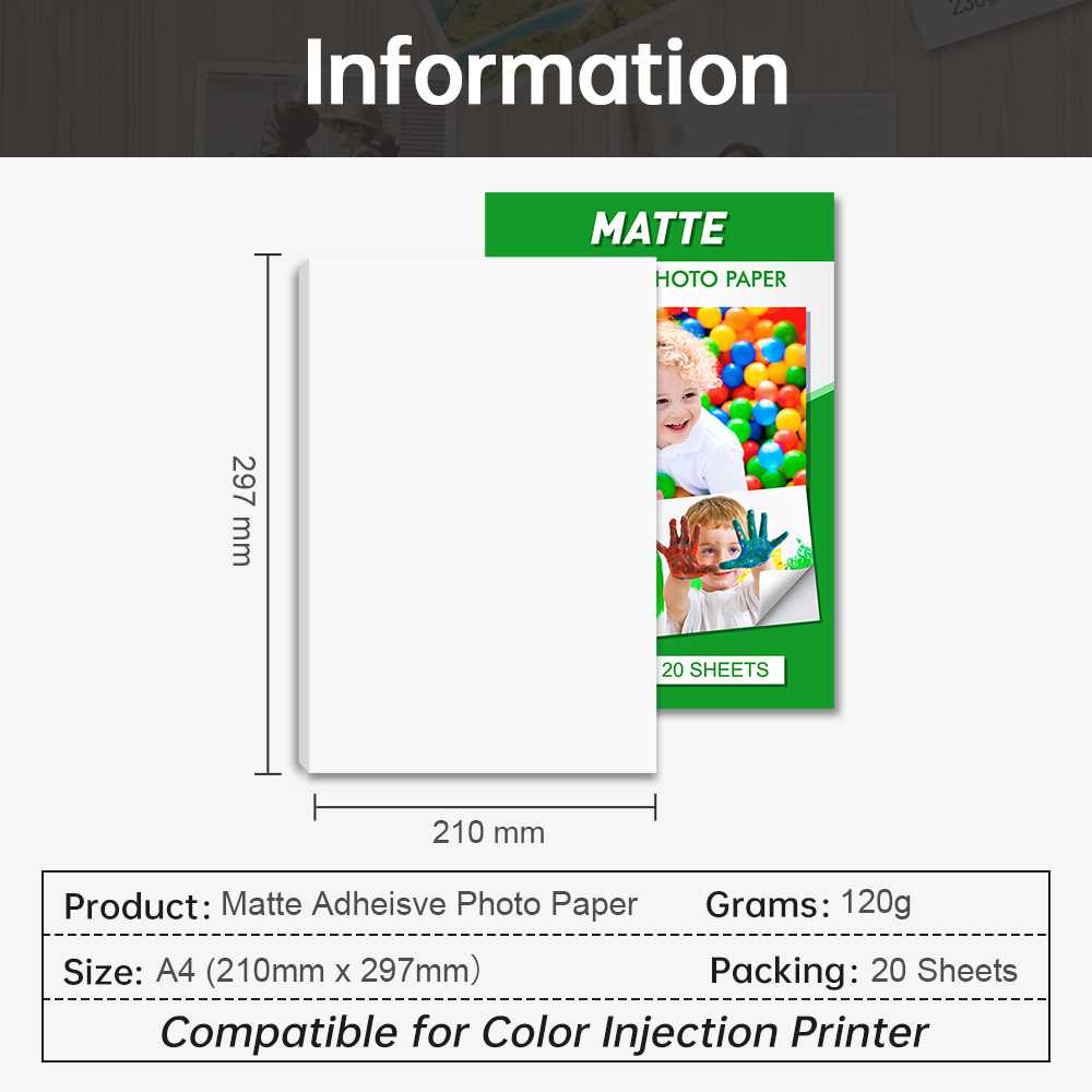UniPlus Strong Adhesive Matte Photo Paper A4 20 Sheets Sticky Printer Paper Album Photo for Color Inkjet Printer 297*210mm A4