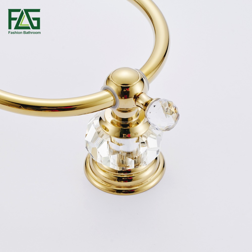 FLG Free Shipping Wholesale and Retail Unique Design Crystal & Golden Towel Ring Wall Mounted Brass Bathroom Towel Rack G154-06G